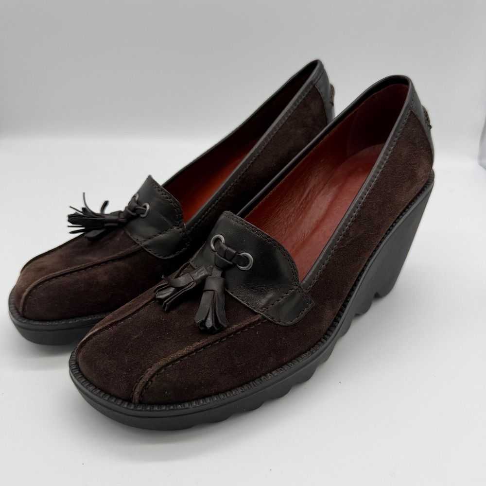 Donald J Pliner Baco Brown Suede Leather Tassel Wedge Loafers Womens 6.5M